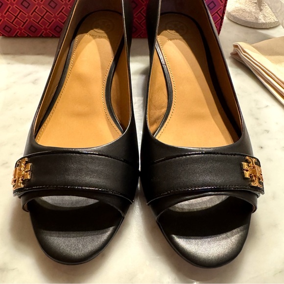 Tory Burch Black Peep-Toe Heels with Gold Accent - Picture 1 of 11